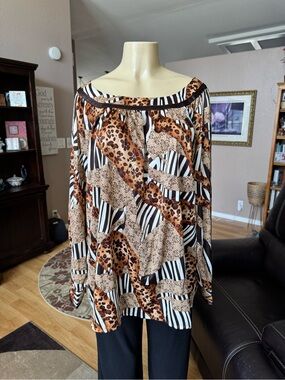 Kaelyn-Max animal print off shoulder silky blouse in brown & black-size 2X-NWT